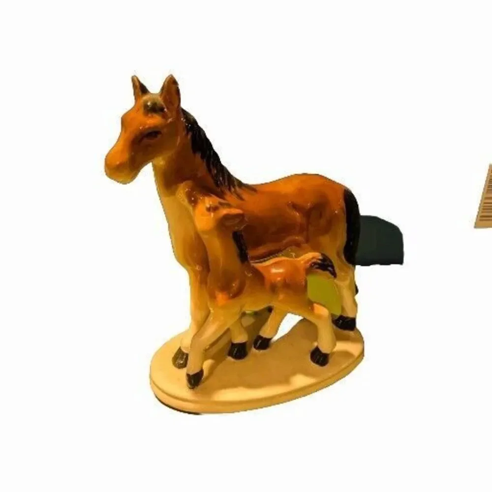 Vintage Horse Figurine Mare And Foal Ceramic Base 7” X 6”